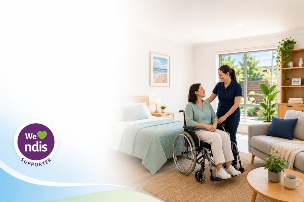 Support worker with a participant in a bright, accessible respite care room
