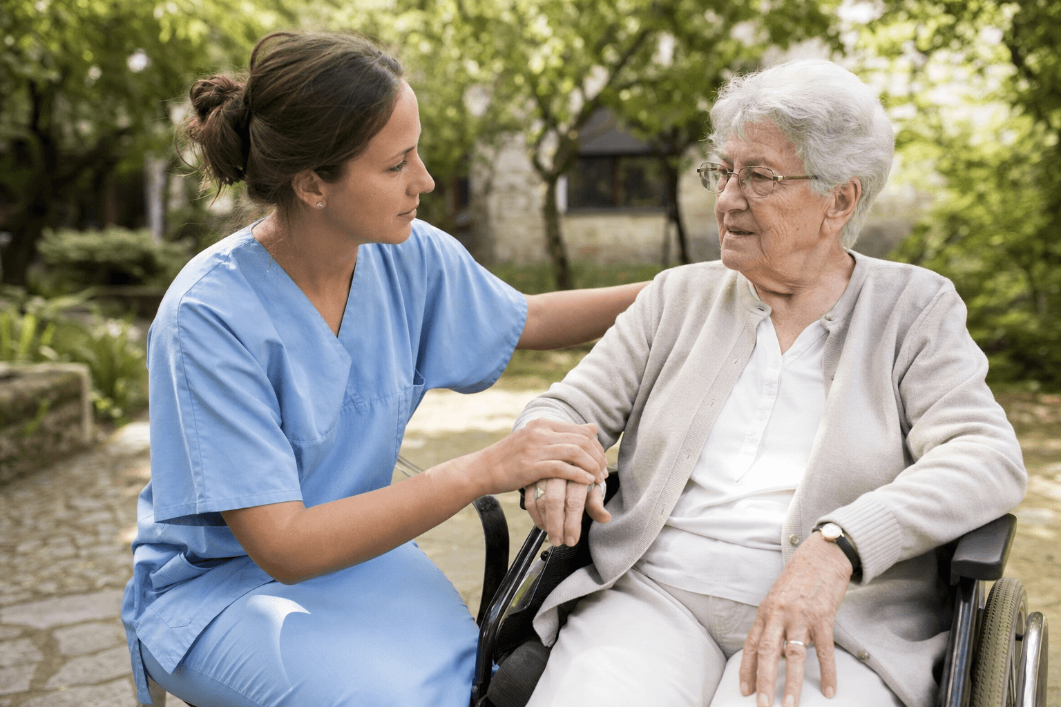 Registered nurse providing warm, compassionate care in a peaceful outdoor setting