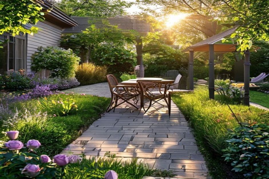 Landscaped garden with walking paths, outdoor seating, and peaceful greenery