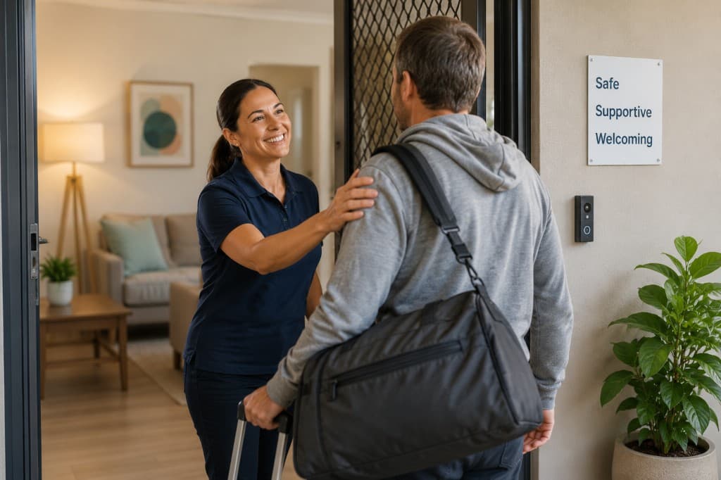 NDIS support worker walking alongside a participant in a welcoming residential neighbourhood